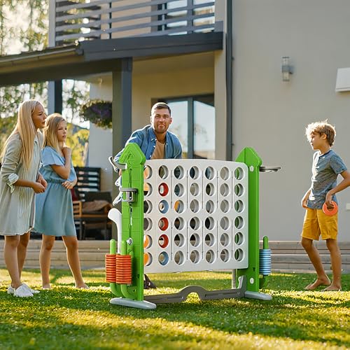 UNICOO Adjustable Height Giant 4-in-a-Row Game with Carry Bag, 4-in-1 Jumbo 4-to-Score Yard Game with Basketball Hoop, Ring Toss & Golf Set, Indoor Outdoor Family Party Game for Kids & Adults - color: Green & White
