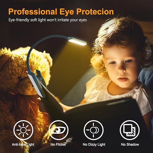 Gritin 9 LED Rechargeable Book Light for Reading in Bed - Eye Caring 3 Color Temperatures,Stepless Dimming Brightness,80 Hrs Runtime Small Lightweight Clip On Book Reading Light-Pacific Blue - color: Pacific Blue