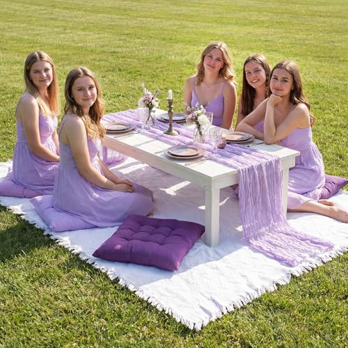 Extra Large Outdoor Picnic Blanket with Table Runner and Floor Pillow Cushion for Picnic Wedding Birthday Baby Shower Backyard(91 x 71'',Purple,6-Person) - color: Purple