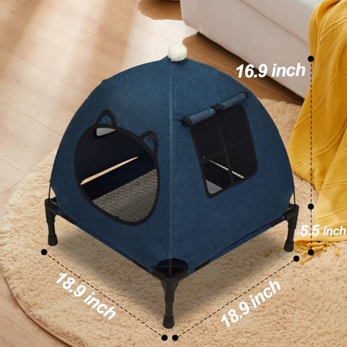 Pozico Elevated Pet Bed with Breathable Mesh for Small Cat and Dog, Raised Cooling Pet Cot for Puppy and Kitty, 18.9x18.9 inch (Navy Blue Bed with Canopy) - color: Navy Blue Bed with Canopy