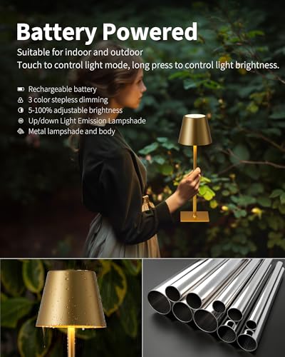 KDG 2 Pack Cordless Table Lamp, Portable LED Desk Lamps, 5000mAh Battery Operated, 3 Color Stepless Dimming Up, for Restaurant, Bedroom, Outdoor Camping, Coffee Shop, Night Light, Rechargeable (Gold) - color: Coated Gold-2