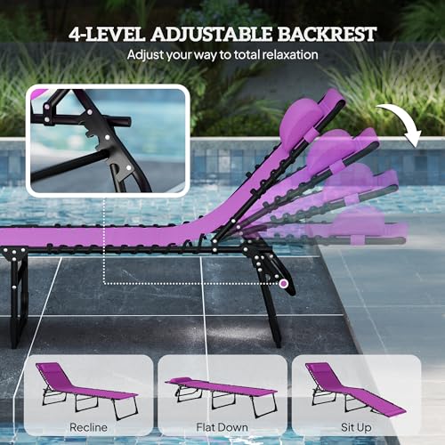 Outsunny Folding Chaise Lounge Chair Set of 2, Patio Sun Tanning Chair, Outdoor Chaise Lounger with 4-Position Reclining Back, Breathable Mesh Seat for Beach, Poolside, Yard, Purple - color: Purple, size: 2 Packs