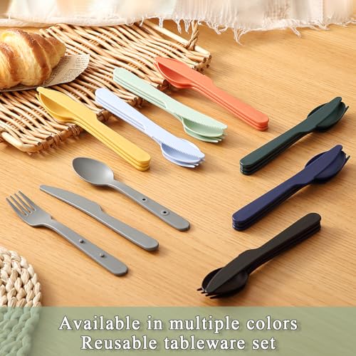 Kyraton Travel Utensils Set for 8, Reusable Plastic Spoons Forks Knives Snapped Together for Portable & Space-Saving Design Cutlery Silverware for Travel, Picnic, Camping, Work, Lunch Boxes