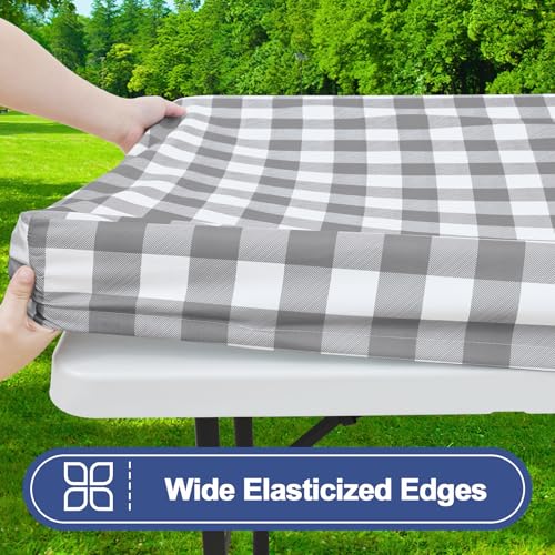 Smiry Picnic Table Cloth 2 Pack, Waterproof Elastic Fitted Tablecloths for 5FT Rectangle Tables, Washable Polyester Buffalo Plaid Tablecloth for Camping, Dining & Outdoor (Grey & White, 30" x 60") - color: Grey and White, size: 30" x 60"