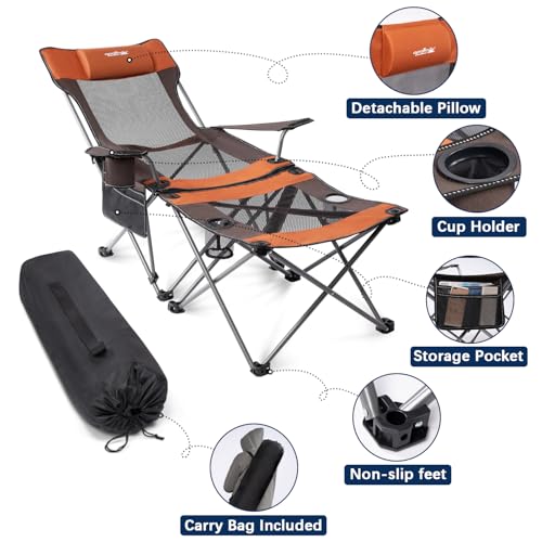 apollo walker Reclining Beach Chair, Adjustable 90-135° Backrest Camping Lounge Chairs for Adults, Folding Chair with Foot Rest & Detachable Pillow - Upgraded 8-Leg, Orange - color: Orange, style: 8-Leg
