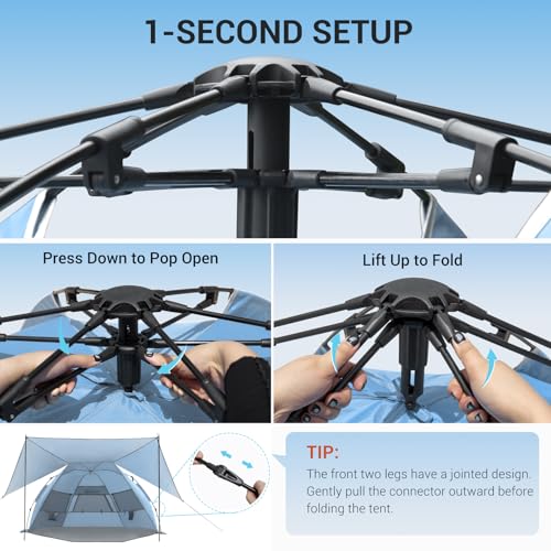 Elegear CumbreX™ Beach Tent with 360° Removable Canopy, 4-6 Person Pop Up Sun Shade Shelter, UPF 50+ Automated Installation Double Silver Coating Portable Lightweight Beach Cabana for Beach/Outdoor - color: Sky Blue