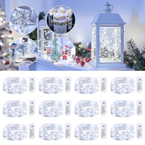 Minetom 12 Pack Fairy Lights Battery Operated String Lights 8 Modes, 7ft 20LED White Waterproof Silver Wire Twinkle Lights, Firefly Starry Moon Lights for Mason Jars DIY Christmas Wedding Party - color: White, size: 12 Pack