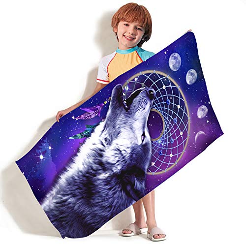 Bonsai Tree Wolf Beach Towel, Cool Dream Catcher Microfiber Bath Towel Gifts for Boys Kids, Funny Blue Purple Galaxy Space Animals Sand Free Quick Dry Travel Towels for Mens Pool Sports 30" x 60" - color: Wolf 1, size: 30"x60"