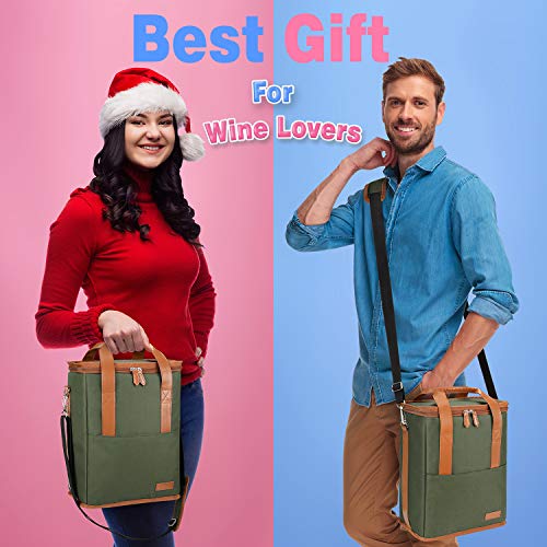 Tirrinia 6 Bottle Wine Gift carrier - Insulated & Padded Wine Carrying Cooler Tote Bag with Handle and Adjustable Shoulder Strap for Travel or Picnic, IDEAL Wine Lover Gift, Oliver - color: Olive