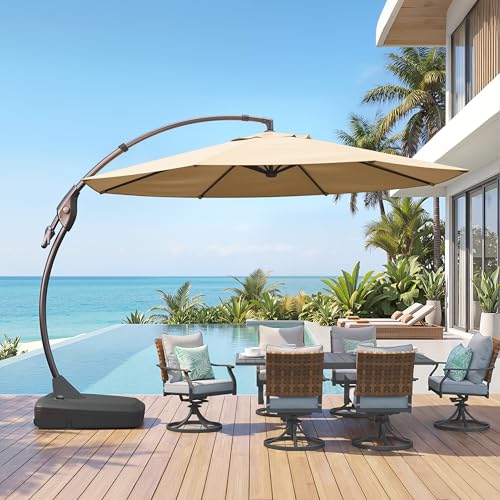 Grand patio 12 FT Sunbrella Cantilever Umbrella with Base Outdoor Aluminum Offset Umbrella with Tilt Adjustment (Flax, 12 FT-SUNBRELLA) - color: Flax-SUNBRELLA, size: 12 FT