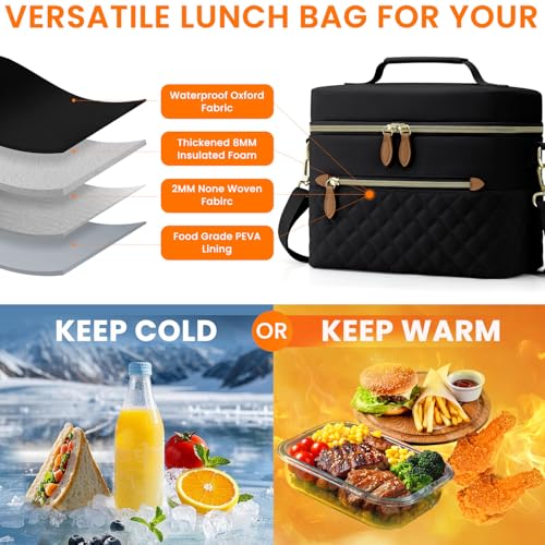 Tenot Insulated Lunch Box for Women Reusable, Leak Proof Cooler Lunch Bag Women for Work Stylish Quilted Lunch Tote Bag for Adult Picnic Travel Hiking Black - color: Black