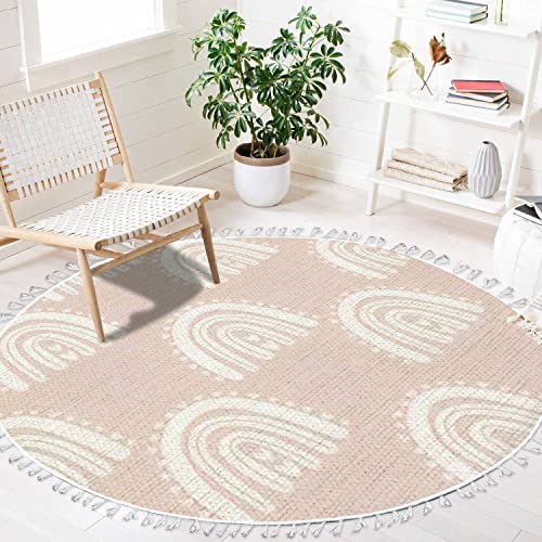 Round Boho Rug Kids Hand Drawn Seamless with Pink Pastel Rainbows Summer for Baby Area Rug Linen Rug Carpet Patio Rug 3 ft - color: Multi3, size: 3 ft