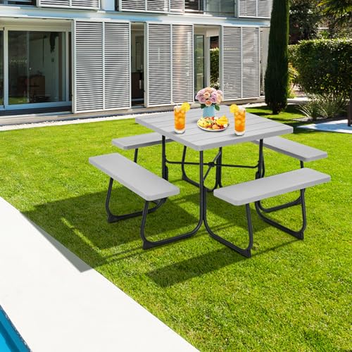 Giantex Picnic Table Bench Set for Up to 8 Persons, Square Outdoor Table and Bench with Umbrella Hole, HDPE Top & Metal Frame, 2000LBS Capacity, Patio Table Bench Set for Deck Backyard Garden, Gray - color: Grey, size: Square-35"x35"x30"