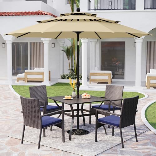 PHI VILLA 5 Piece Outdoor Dining Set with Umbrella, 37" Square Metal Dining Table & 4 Cushioned Wicker Rattan Chairs with 10ft Beige Umbrella for Patio, Deck, Yard, Porch - color: Beige, size: 5PCS 37" Steel Table
