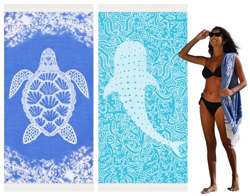 Widdonen 2 Pack Turkish Beach Towel Quick Dry Absorbent Cotton Lightweight Thin Bathroom Bath Pool Swim Towels Extra Large Oversized Sand Free Beach Accessories Essentials Stuff Cloud Adults Gift - color: 2 Pack Blue Turtle Blue Whale, size: X-large(79 X