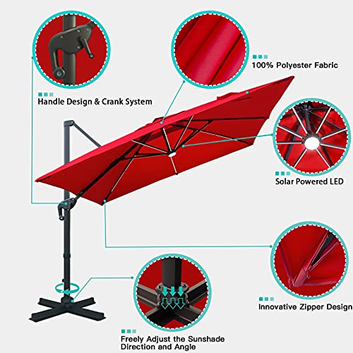 Sunnyglade 10x13ft Solar Powered LED Cantilever Patio Umbrella Square Deluxe Offset Umbrella 360°Rotation & Integrated Tilting System & LED lights for Market Garden Deck Pool Backyard Patio - color: Red, size: 10X13FT
