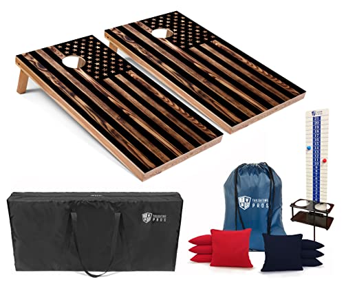 Tailgating Pros Cornhole Boards - 4'x2' Regulation Boards w/Carrying Case, Score Keeper, & Set of 8 Corn Filled Bags w/Tote - size: 4'x2' Boards, style: Woodgrain Flag