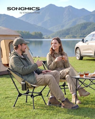 SONGMICS Camping Chair, Lightweight Folding Beach Chair, Adjustable Height, Steel Frame, Portable for Outdoor Travel - color: Brown, style: Lowback (18.9"D x 22"W x 27.1"H）