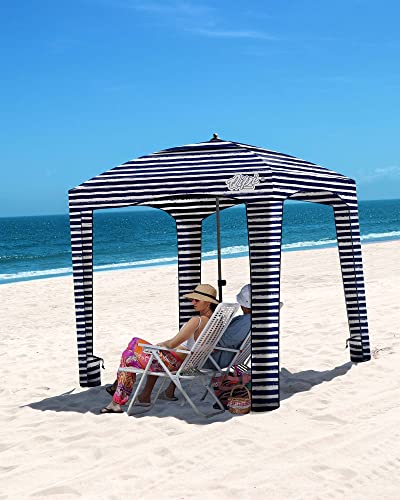Qipi Beach Cabanas for Sand, Beach Canopy with Sandbags & Side Wall for Family, Easy Set Up Sun Shelter, UPF 50+ UV Protection with Roof Vent - color: 6' x 6' Z02 Sailor Stripes with Changing Room