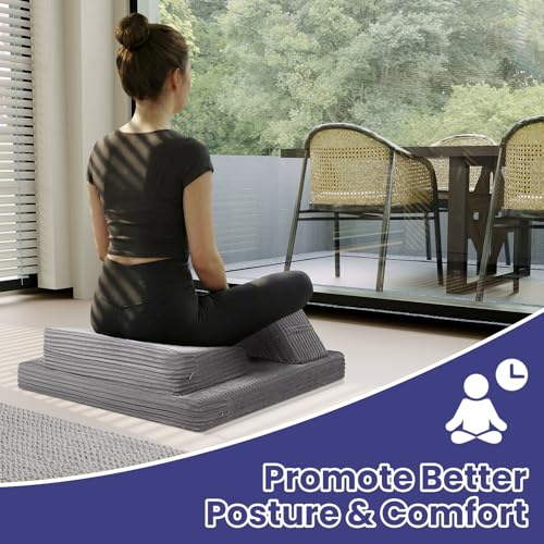 Meditation Cushion Set, Meditation Pillow for Sitting on Floor, Large Yoga Pillow with Knee Support, Washable Zafu Meditation Mat, 3 Shapes Floor Pillow for Adults, Light Grey - color: Light Dark