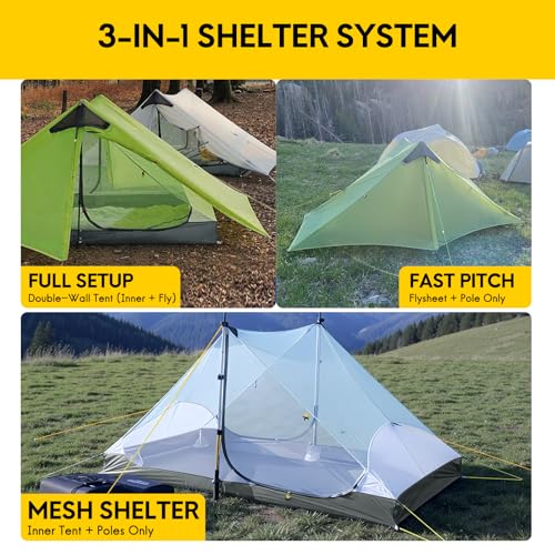 LANSHAN Ultralight Tent 3-Season Backpacking Tent for 1-Person or 2-Person Camping, Trekking, Kayaking, Climbing, Hiking - color: 2-person, green