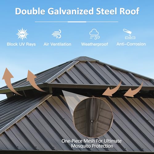 Domi 12' X 12' Hardtop Gazebo, Upgraded Metal Gazebo with Drainage System, Dual-Layer Galvanized Steel Roof, Curtain and Netting, Outdoor Shelter Canopy for Patio, Garden, and Backyard, Brown - color: Brown, size: 12'x12'/w gutter