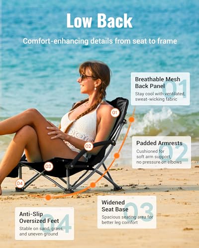 KingCamp Low Beach Chair, High Back Folding Camping Chair for Adults, Oversized Breathable Mesh Seat, 300lbs Heavy Duty Portable Chair with Cup Holder & Storage Pockets for Beach, Outdoor - color: Ergosolid C Black