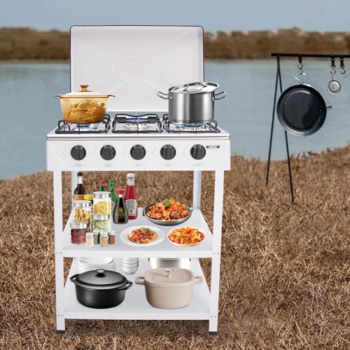 5 Burner Gas Stove with Wind Shield Portable 2.5KW Natural Gas Stove with 2 Storage Shelves for RV Apartment Outdoor Cooking - style: 5 Burner-White