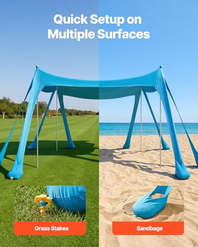 VEVOR Beach Tent Sun Shelter, UPF50+ Sun Protection, 6.6 ft Tall, 10 x 10 ft, Easy Pop Up Beach Canopy with Sandbags, Stability Poles, Sand Shovels, Portable Shade for Family, Camping, Fishing, Blue