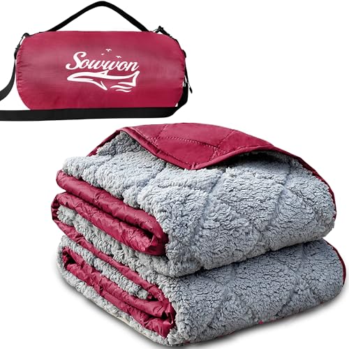 Waterproof Outdoor Blanket 82”X 55” Packable, Stadium Blankets for Camping with Sherpa Fleece Lining, Large Windproof Emergency Throw Mat for Garss Picnic Hiking Road Trip, Machine Washable, Wine - color: Sherpa Wine-300 Gsm, size: 82"x 55"