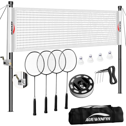 Backyard Badminton Set: Portable Outdoor Net with 4 Performance Rackets, 3 Shuttlecocks & Boundary Line - Complete Heavy-Duty Set for Family Lawn, Grass & Beach Games - color: White