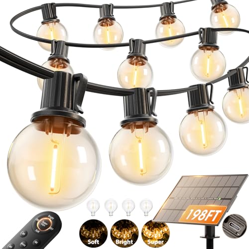 addlon 198FT(192+6) Solar String Lights Outdoor Waterproof, 60+4 LED Shatterproof Bulbs with Remote, 3 Light Modes, Dimmable, Timable, G40 Patio Lights for Large Backyard, Garden, Wedding Party Decor - size: 192+6FT