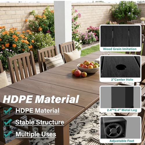 11-Piece Patio Dining Set, Outdoor Dining Set for 10, HDPE All-Weather Outdoor Furniture with 89.57” Umbrella Hole Table, 2 Armchairs & 8 Armless Chairs, Brown - color: Brown, size: 2 Armchairs & 8 Armless Chairs