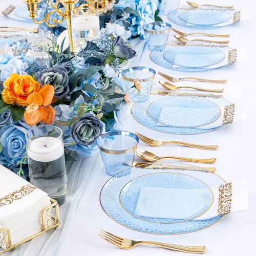 DaYammi 175PCS Clear Blue Gold Plastic Dinnerware Set for 25 Guests, Hammered Disposable Plates for Party, Include: 25 Dinner Plates, 25 Dessert Plates, 75 Gold Silverware, 25 Napkins, 25 Cups - color: Clear Blue, size: 175 Pcs