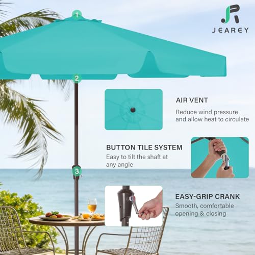 JEAREY 9 FT Patio Umbrella Outdoor, Table Umbrellas Market Umbrella w/Push Button Tilt/Crank, 8 Sturdy Ribs(Teal) - color: Teal
