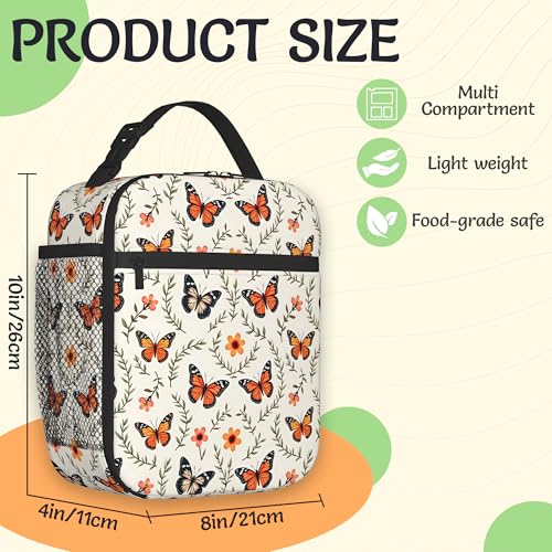 Butterflies Lunch Box for Men,Retro Flowers Leaves Lightweight Reusable Lunch Bag for Girls Boys,Portable Insulated Small Cooler Bag for Picnic,Travel,School,Office - color: Butterflies