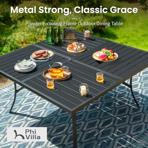 PHI VILLA 9 Pieces Outdoor Dining Set for 8, 60" Black Square Metal Table with Umbrella Hole & Stackable Wrought Iron Chairs, Large Outside Furniture Set for Patio, Deck, Yard, Porch - color: Hexagon Back Chair, size: 9PCS-60" Steel Table