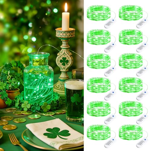 Minetom 12 Pack Green Christmas Lights, St Patricks Day Lights, 7ft 20 LED Fairy Lights Battery Operated String Lights, St Patricks Day Decorations, 8 Modes Waterproof Silver Wire Twinkle Lights - color: Green, size: 12 Pack