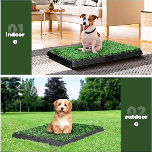 Dog Grass Pad With Tray, 25" x 20" Potty for Puppy Training, Reusable Artificial Pee Pad, Indoor/Outdoor Pet Toilet Loo, 3-Layer System - size: M 25x20x2.4IN-1 Grass Pad