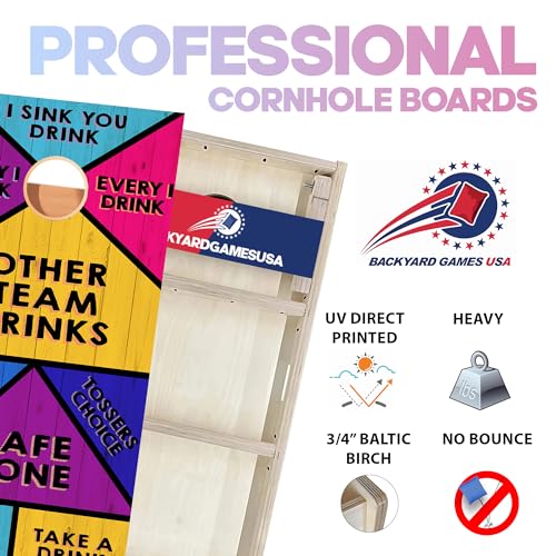 CornholeGamesUSA Pro Cornhole Boards Set | Made in USA | 3/4 Baltic Birch | No Bounce | Triple Thick Legs | Two Brace & Handles, Tournament 2x4 Regulation Set with Score Tower & Cornhole Bags - color: Bright Drinking Game