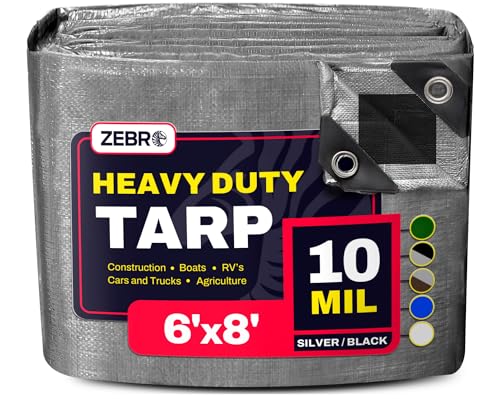 6' x 8' Silver/Black Heavy Duty Tarp with Grommets Reinforced - 10 Mil Thick - Double Sided Plastic Waterproof Tarps - Large Tarpaulin Cover for Outdoor Camping Tent Tarp RV Roof Rain - Zebro - color: Silver/Black, size: 6' x 8'