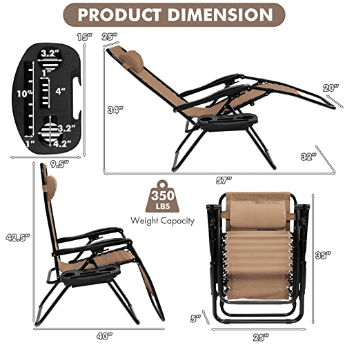 Giantex Zero Gravity Reclining Chair, Outdoor Patio Recliner with Cup Holder & Removable Pillow, Adjustable Backrest, Indoor Lounge Chair for Backyard, Garden, Poolside (Tan) - color: Tan, size: 1 Count (Pack of 1)