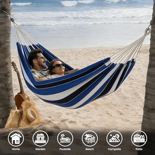 Lazy Daze Hammocks Double Brazilian Cotton Hammock, Extra Large Portable Outdoor Camping Hammock with Tree Straps & Travel Bag for Backyard Patio Poolside Indoor, 550lbs Capacity, Blue - color: Blue