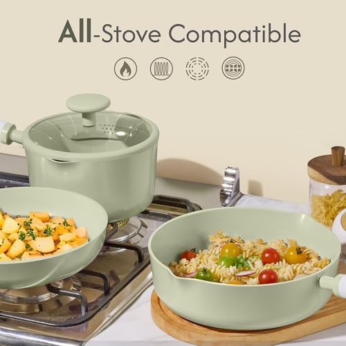 CAROTE Ceramic Cookware Set Nonstick, 9pcs Pots and Pans Set Non stick, Non-Toxic & PFAS-Free,Dishwasher, RV/Camping Cookware Set,Sauce Pan with Lid, Green - color: Green, size: Saucepan