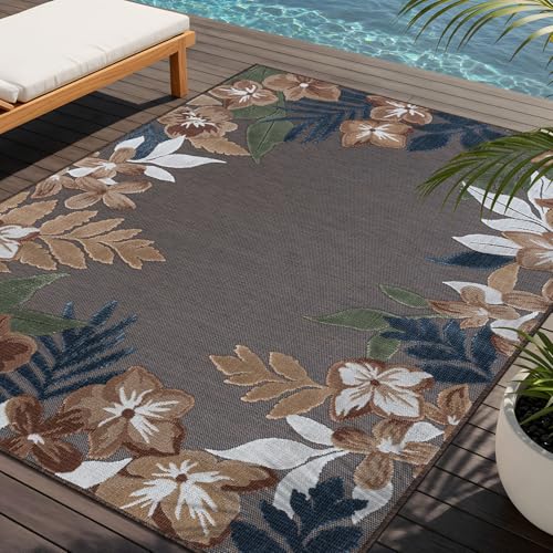Outdoor Rug 9x12 Washable Area Rugs Indoor Outdoor Carpets Brown Border Floral Non Shedding Waterproof Easy Clean Patio Deck Porch Living Room Bedroom Garden RV (9 X 12 Brown) - color: 1-brown, size: 9' x 12' (Rectangular)
