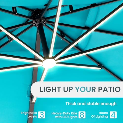 10 X 13 FT Cantilever Patio Umbrella with LED Lights Outdoor Heavy Duty Double Top Windproof Rectangle Offset Umbrellas with 360-degree Rotation for Pool Deck Backyard, Turquoise - color: Turquoise, size: 10' X13'-Weighted Base Not Included