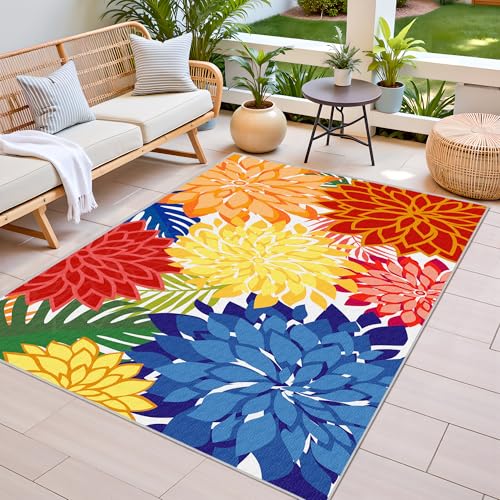Colorful 3x5 Washable Rug for Living Room Tropical Botanical Modern Floral Chenille Area Rugs Low Pile Non Slip Carpet for Patio, Bedroom, Laundry, Rainbow - color: Multi Colored, size: 3' x 5' (Rectangular)
