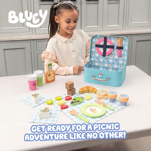 8th Wonder Wooden Bluey Toys Picnic Carrying Case, 30-Piece Picnic Basket Toy with Cutlery and Food Accessories, Outdoor Food Toys for Kids of Ages 3+ - style: Picnic Set