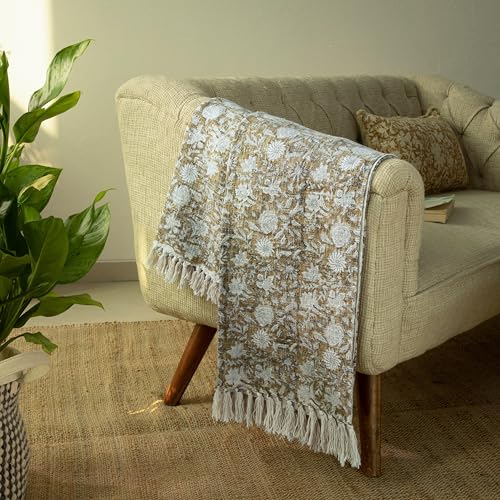100% Pure Cotton Handblock Printed Throw Blanket, Soft 50" x 60" Fringed Floral Print Throw for Couch, Sofa, Chair, Bed - Cozy, Machine Washable, Comfortable Home Decor - color: Teak Brown