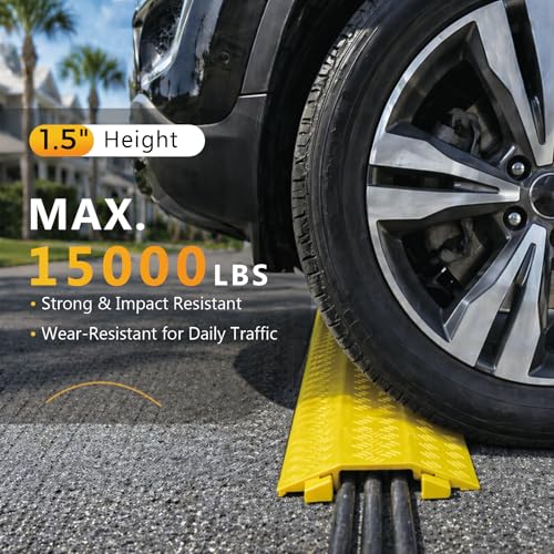 BESEA Heavy Duty Cord Cover 2 Pack 40 Inch Cable Protector Ramp 15000 lbs, Outdoor Floor Wire Cover with 4" Wide Channel, Modular Interlocking Anti Trip Cable Ramp for Driveway Sidewalk Garage(Yellow) - color: Yellow, size: Middle